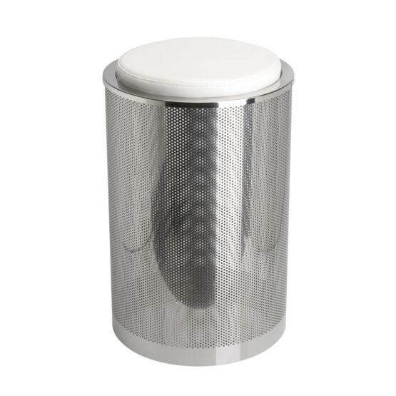 Badhocker / Wäschekorb PIN aus poliertem Edelstahl mit weißem Sitzpolster
