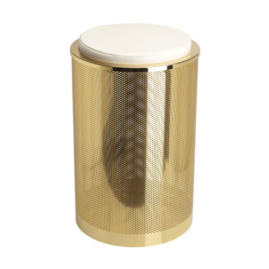 Badhocker / Wäschekorb PIN aus 24 Karat vergoldetem Edelstahl mit weißem Sitzpolster