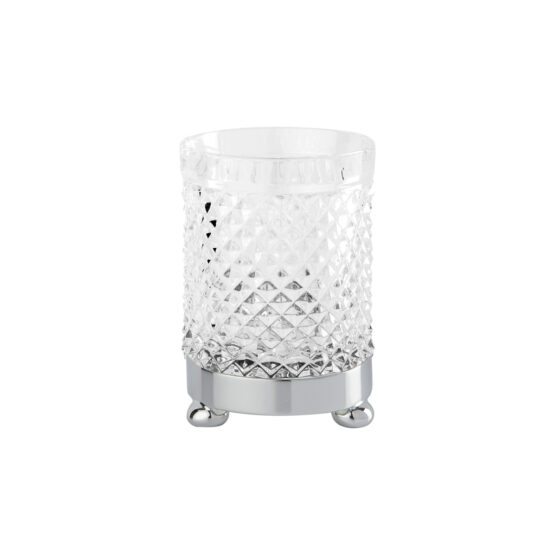 Luxury glass tumbler made of clear crystal glass and brass in chrome by Cristal & Bronze from the Cristal Taille Diamant Lisse series