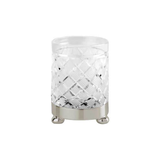 Luxury glass tumbler made of crystal glass and brass in nickel by Cristal & Bronze from the Cristal Taille Losange Lisse series