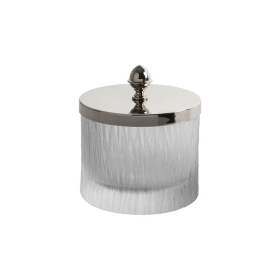 Luxury large q-tip jar made of glass and brass in nickel by Cristal & Bronze from the Bambou series