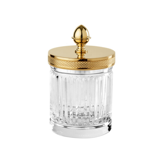 Luxury small q-tip jar made of clear crystal glass and brass in gold by Cristal & Bronze from the Cristal Taille Cannele Cisele series