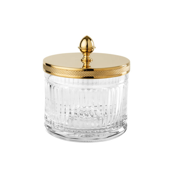 Luxury large q-tip jar made of clear crystal glass and brass in gold by Cristal & Bronze from the Cristal Taille Cannele Cisele series