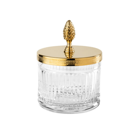 Luxury glass jar made of clear crystal glass and brass in gold by Cristal & Bronze from the Cristal Taille Cannele Cisele series