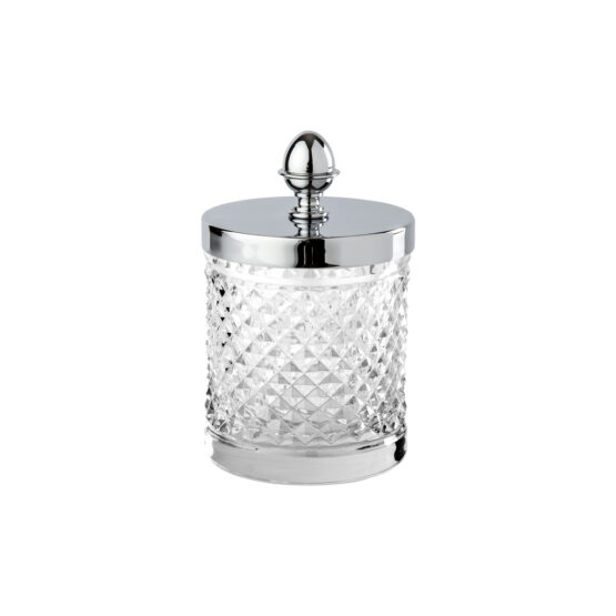 Luxury small q-tip jar made of clear crystal glass and brass in chrome by Cristal & Bronze from the Cristal Taille Diamant Lisse series