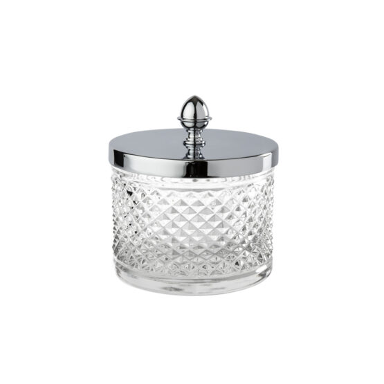 Luxury large q-tip jar made of clear crystal glass and brass in chrome by Cristal & Bronze from the Cristal Taille Diamant Lisse series