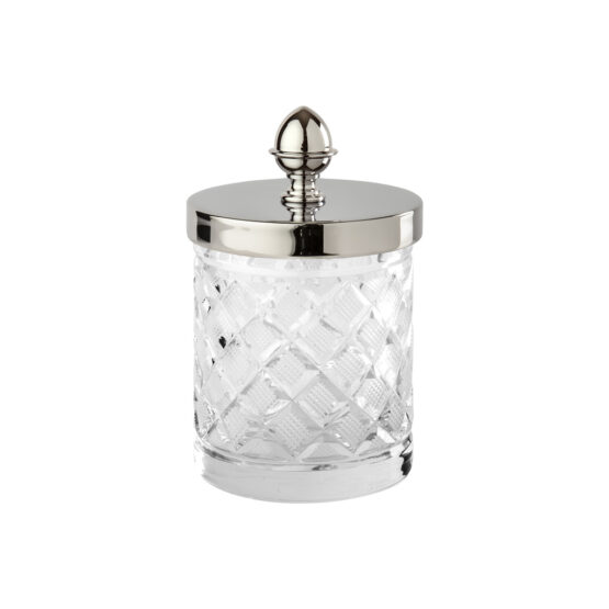 Luxury small q-tip jar made of clear crystal glass and brass in nickel by Cristal & Bronze from the Cristal Taille Losange Lisse series