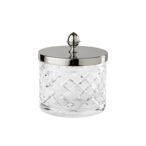 Luxury large q-tip jar made of clear crystal glass and brass in nickel by Cristal & Bronze from the Cristal Taille Losange Lisse series