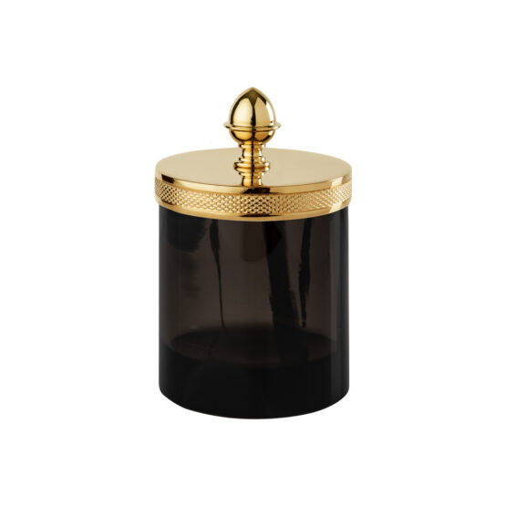 Luxury small q-tip jar made of obsidian crystal glass and brass in gold by Cristal & Bronze from the Obsidienne Cisele series