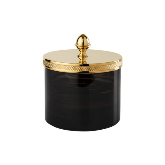 Luxury large q-tip jar made of obsidian crystal glass and brass in gold by Cristal & Bronze from the Obsidienne Cisele series