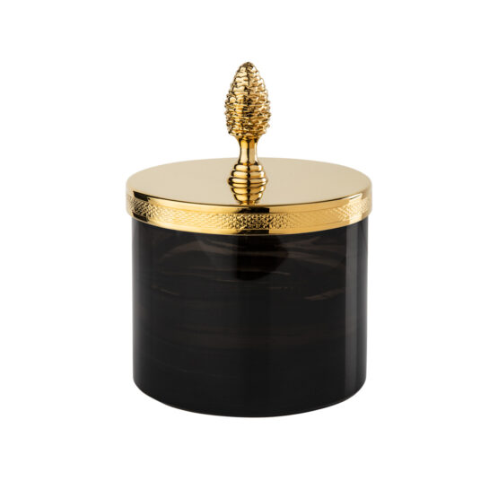 Luxury glass jar made of obsidian crystal glass and brass in gold by Cristal & Bronze from the Obsidienne Cisele series