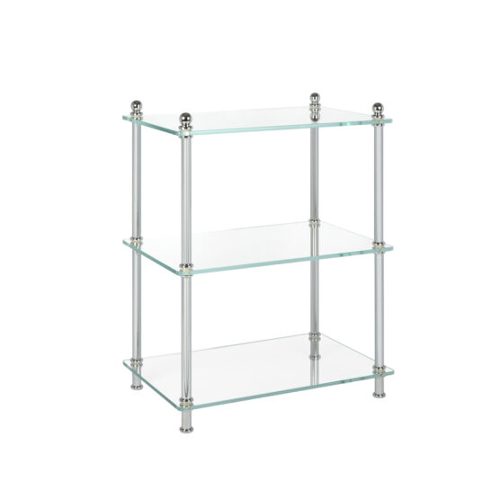 Luxury glass shelving unit made of glass and brass in chrome by Cristal & Bronze from the Metall series