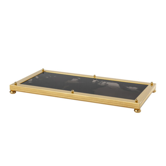 Luxury vanity tray made of obsidian crystal glass and brass in gold by Cristal & Bronze from the Obsidienne Cisele series