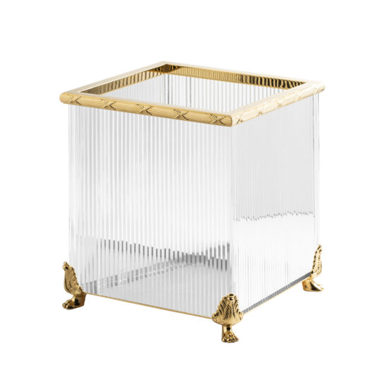 Luxury bathroom bin made of clear crystal glass and brass in gold by Cristal & Bronze from the Cristal Taille Cannele Cisele series