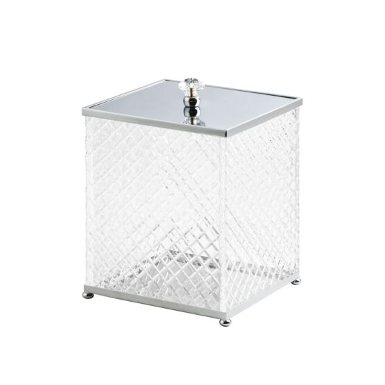 Luxury bathroom bin made of clear crystal glass and brass in chrome by Cristal & Bronze from the Cristal Taille Diamant Lisse series