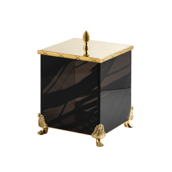 Luxury bathroom bin made of obsidian crystal glass and brass in gold by Cristal & Bronze from the Obsidienne Cisele series