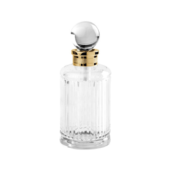 Luxury perfume bottle made of clear crystal glass and brass in gold by Cristal & Bronze from the Cristal Taille Cannele Cisele series
