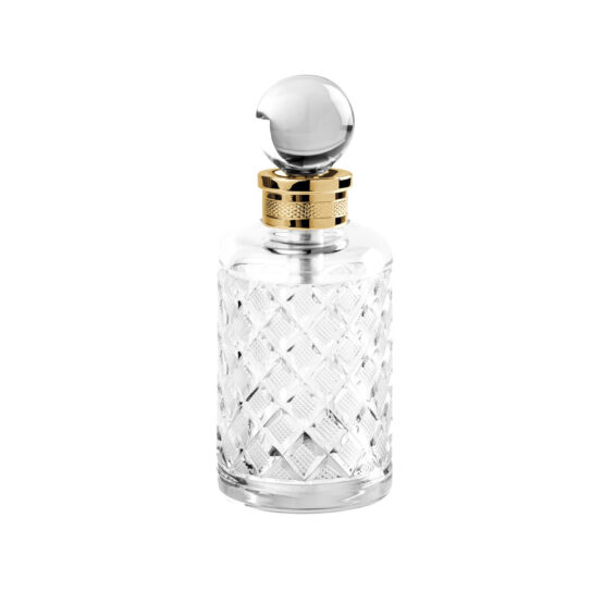 Luxury perfume bottle made of clear crystal glass and brass in gold by Cristal & Bronze from the Cristal Taille Losange Cisele series