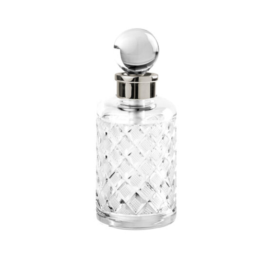 Luxury perfume bottle made of clear crystal glass and brass in nickel by Cristal & Bronze from the Cristal Taille Losange Lisse series
