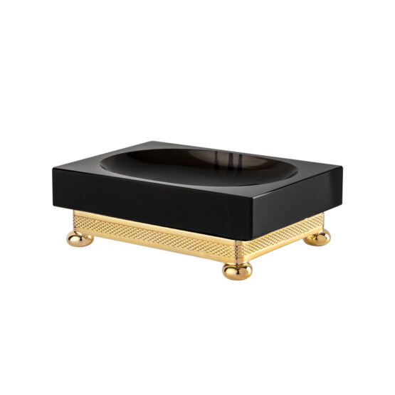 Luxury soap dish made of obsidian crystal glass and brass in gold by Cristal & Bronze from the Obsidienne Cisele series