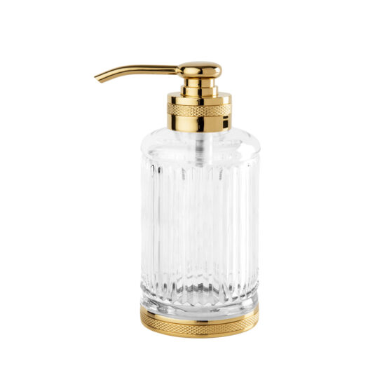 Luxury soap dispenser made of clear crystal glass and brass in gold by Cristal & Bronze from the Cristal Taille Cannele Cisele series