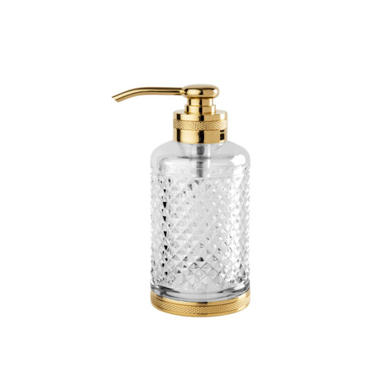 Luxus Seifenspender aus klarem Kristallglas und Messing in Gold von Cristal & Bronze aus der Serie Cristal Taille Diamant Cisele