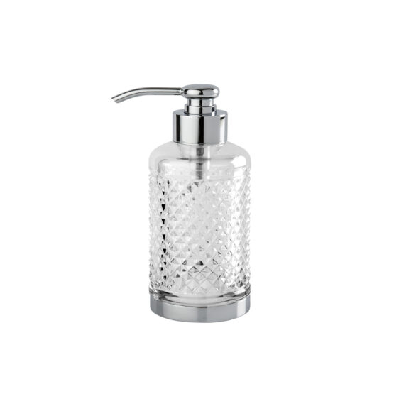 Luxury soap dispenser made of clear crystal glass and brass in chrome by Cristal & Bronze from the Cristal Taille Diamant Lisse series