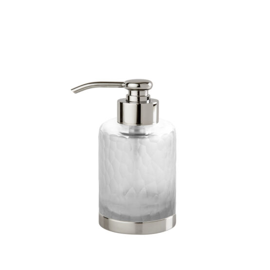 Luxury soap dispenser made of glass and brass in nickel by Cristal & Bronze from the Nid d'Abeilles series