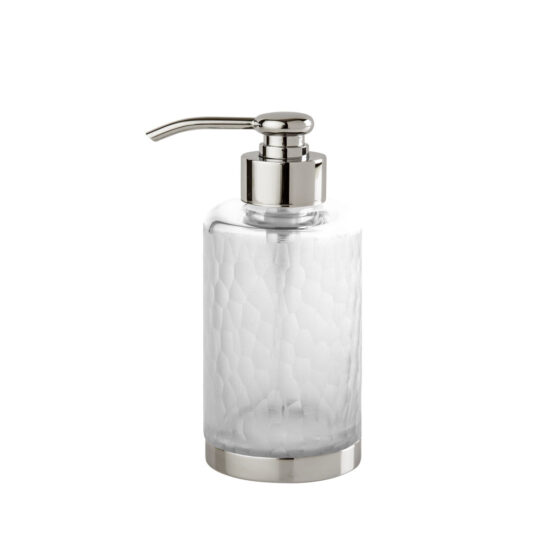 Luxury soap dispenser made of glass and brass in nickel by Cristal & Bronze from the Nid d'Abeilles series