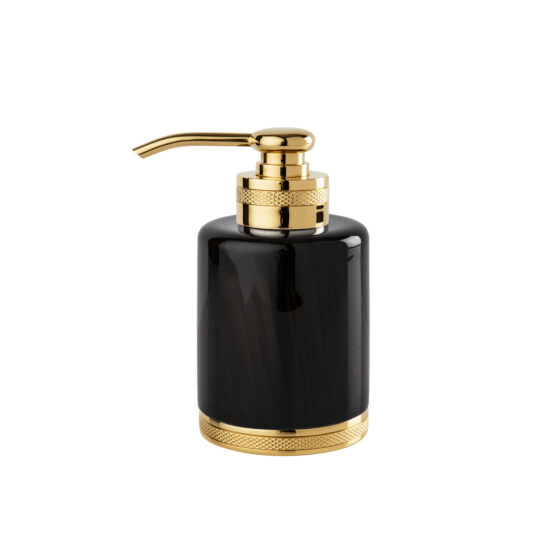 Luxury soap dispenser made of obsidian crystal glass and brass in gold by Cristal & Bronze from the Obsidienne Cisele series