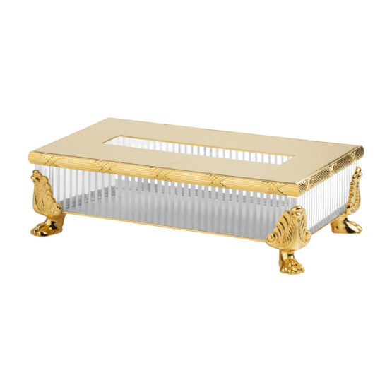 Luxury tissue box made of clear crystal glass and brass in gold by Cristal & Bronze from the Cristal Taille Cannele Cisele series