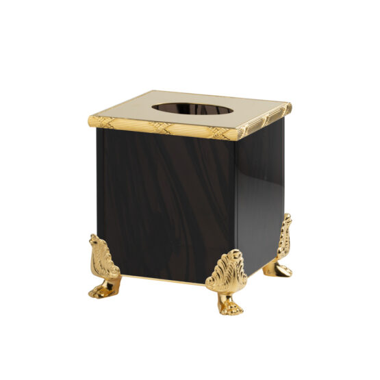 Luxury tissue box made of obsidian crystal glass and brass in gold by Cristal & Bronze from the Obsidienne Cisele series