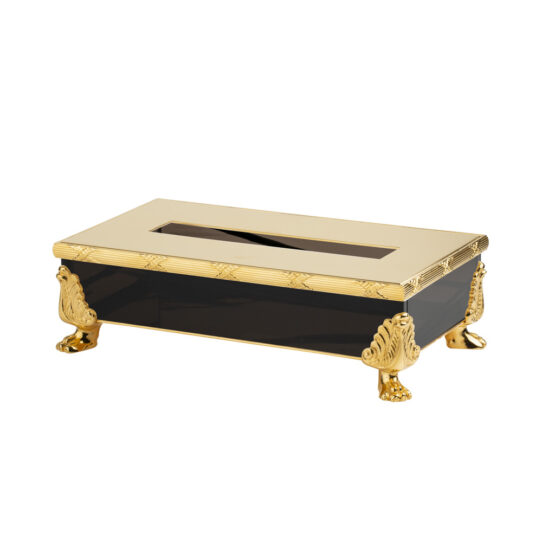 Luxury tissue box made of obsidian crystal glass and brass in gold by Cristal & Bronze from the Obsidienne Cisele series