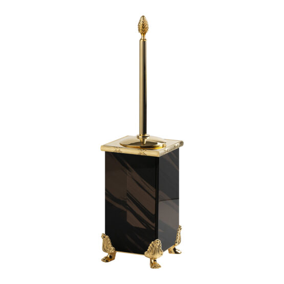 Luxury toilet brush holder made of obsidian crystal glass and brass in gold by Cristal & Bronze from the Obsidienne Cisele series