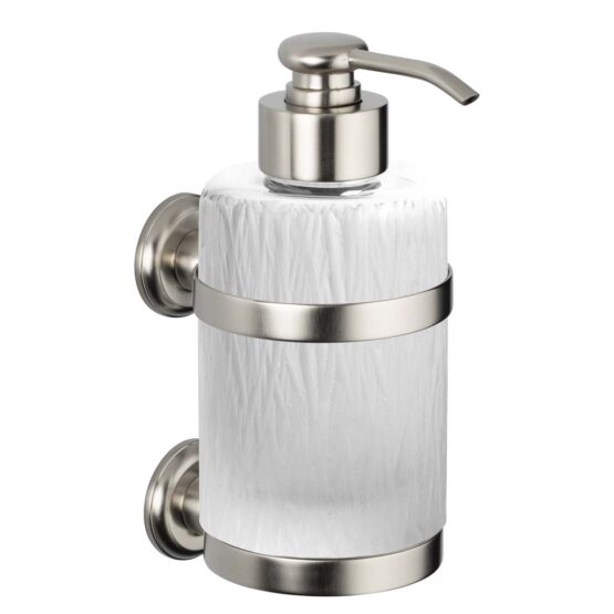 Luxury wall mounted soap dispenser made of glass and brass in nickel matt by Cristal & Bronze from the Bambou series