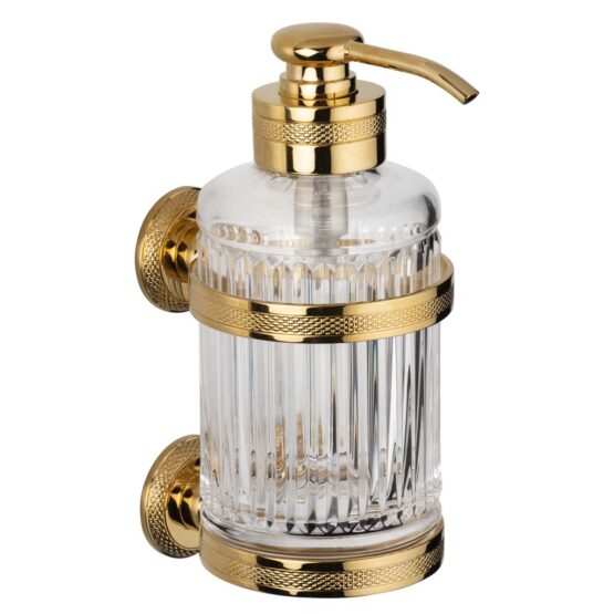 Luxury wall mounted soap dispenser made of clear crystal glass and brass in gold by Cristal & Bronze from the Cristal Taille Cannele Cisele series