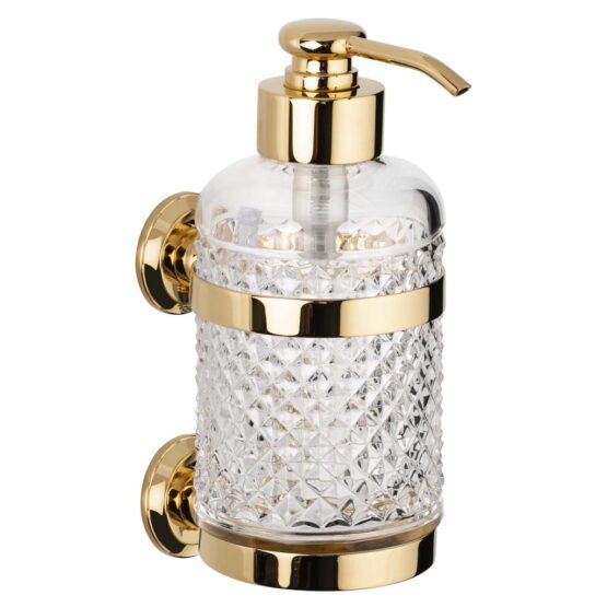 Luxury wall mounted soap dispenser made of clear crystal glass and brass in gold by Cristal & Bronze from the Cristal Taille Diamant Lisse series