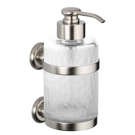 Luxury wall mounted soap dispenser made of glass and brass in nickel matt by Cristal & Bronze from the Nid d'Abeilles series