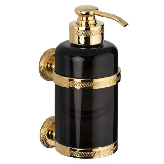 Luxury wall mounted soap dispenser made of obsidian crystal glass and brass in gold by Cristal & Bronze from the Obsidienne Cisele series