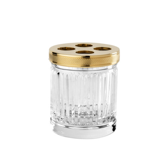 Luxury tumbler made of clear crystal glass and brass in gold by Cristal & Bronze from the Cristal Taille Cannele Cisele series