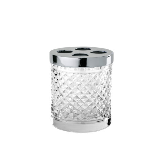 Luxury tumbler made of clear crystal glass and brass in chrome by Cristal & Bronze from the Cristal Taille Diamant Lisse series