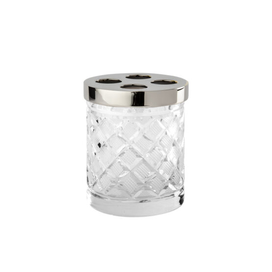 Luxury tumbler made of clear crystal glass and brass in nickel by Cristal & Bronze from the Cristal Taille Losange Lisse series